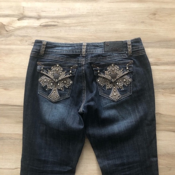 Grace in LA Denim - Grace in LA Dark Blue Flare Jeans Denim Cross Embellished Back Pockets Western